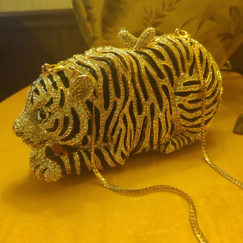 NWT Gold and Black Rhinestone Encryption Tiger Clutch with Chain